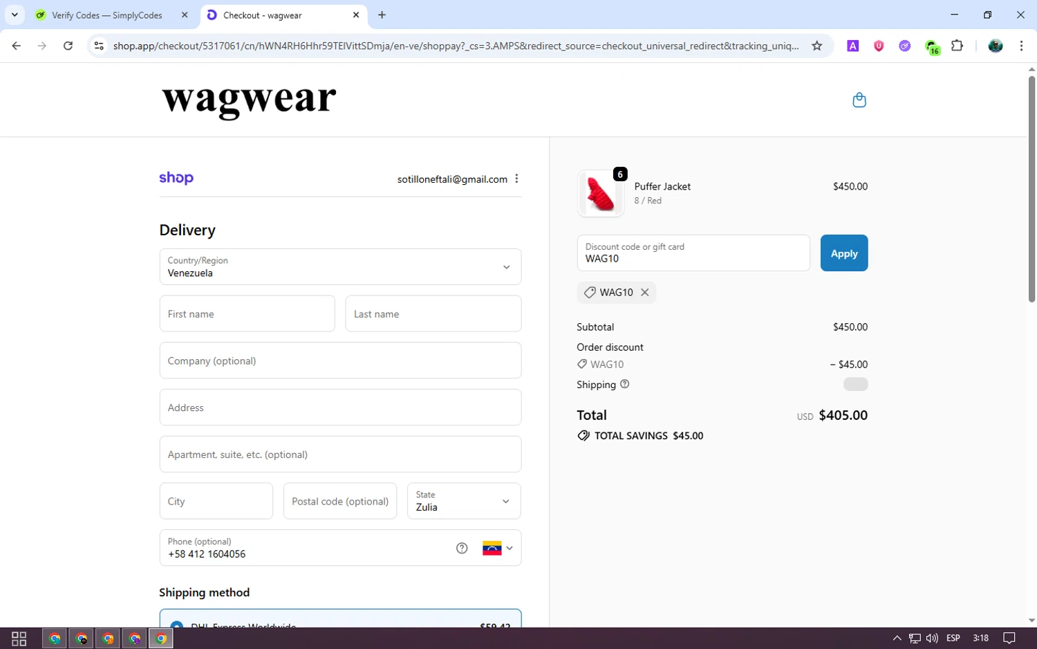 Wag Wear discount code screenshot showing code WAG10 applied at Wag Wear checkout page. Uploaded by SimplyCodes community member neurioandrades on Oct 23, 2025