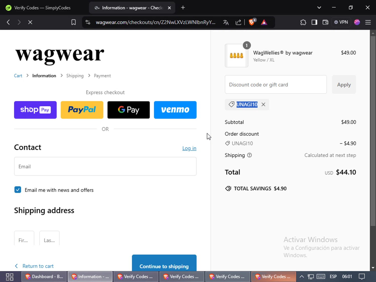 Wag Wear discount code screenshot showing code Unagi10 applied at Wag Wear checkout page. Uploaded by SimplyCodes community member Jsjsjsjsjsjsjs on Jan 18, 2025