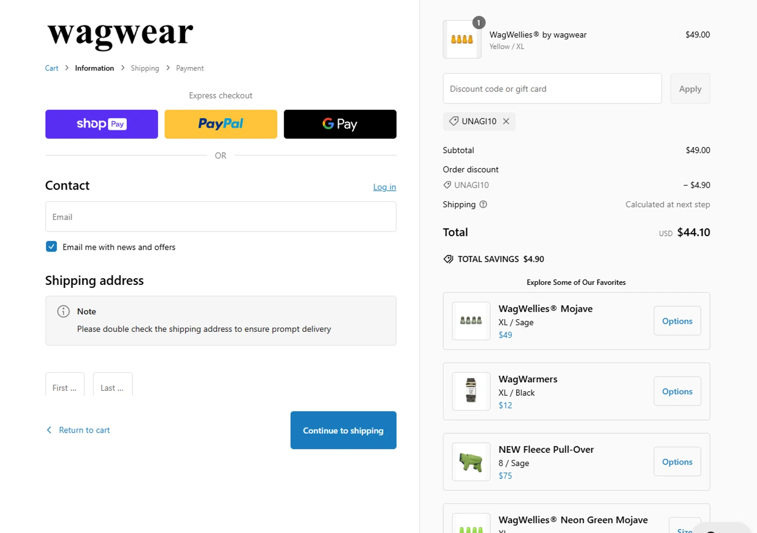 Wag Wear discount code screenshot showing code Unagi10 applied at Wag Wear checkout page. Uploaded by SimplyCodes community member Marboroooooooooooo on Feb 16, 2025