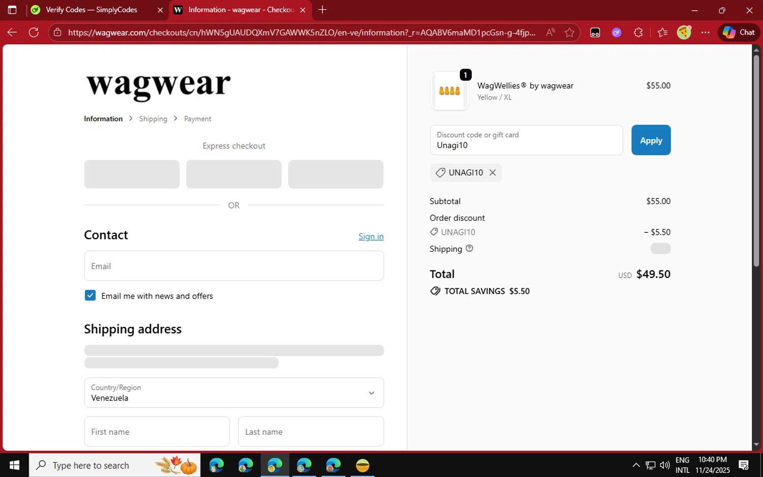 Wag Wear discount code screenshot showing code Unagi10 applied at Wag Wear checkout page. Uploaded by SimplyCodes community member jvllsk2 on Nov 25, 2025