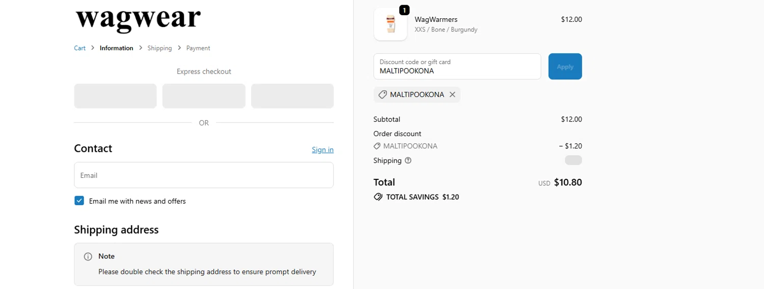 Wag Wear discount code screenshot showing code MALTIPOOKONA applied at Wag Wear checkout page. Uploaded by SimplyCodes community member Billyyou on Jan 29, 2026
