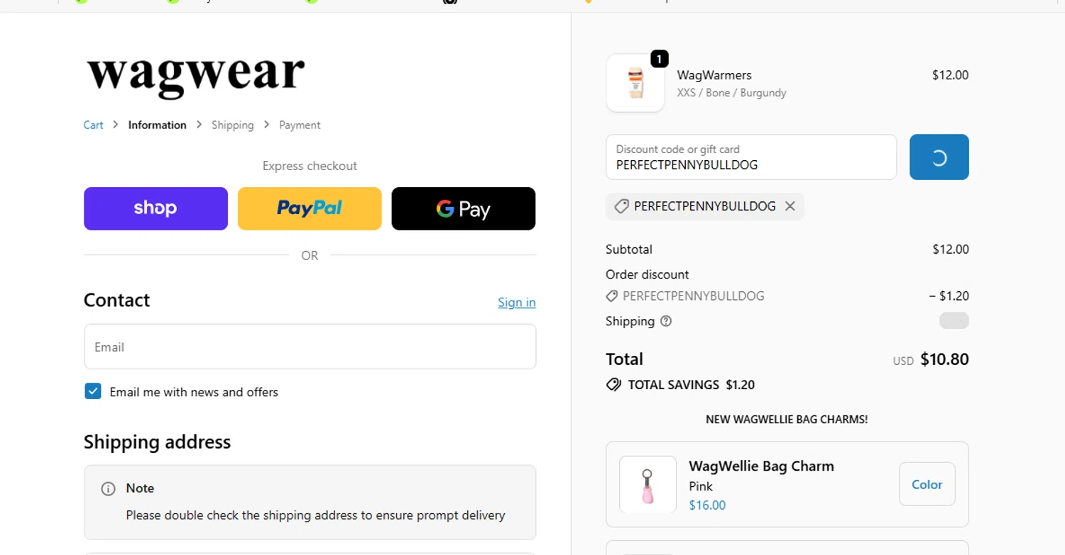 Wag Wear discount code screenshot showing code PERFECTPENNYBULLDOG applied at Wag Wear checkout page. Uploaded by SimplyCodes community member Loki_Odinson on Feb 1, 2026