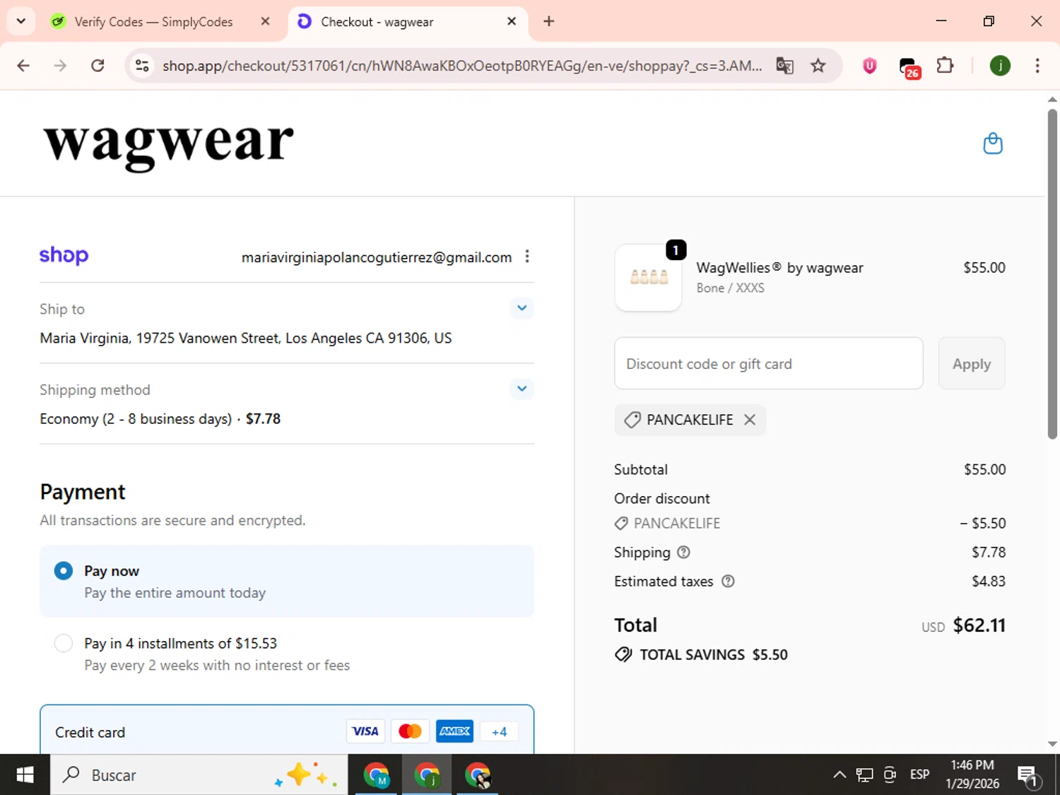 Wag Wear discount code screenshot showing code PANCAKELIFE applied at Wag Wear checkout page. Uploaded by SimplyCodes community member SavingsCollector2592 on Jan 29, 2026