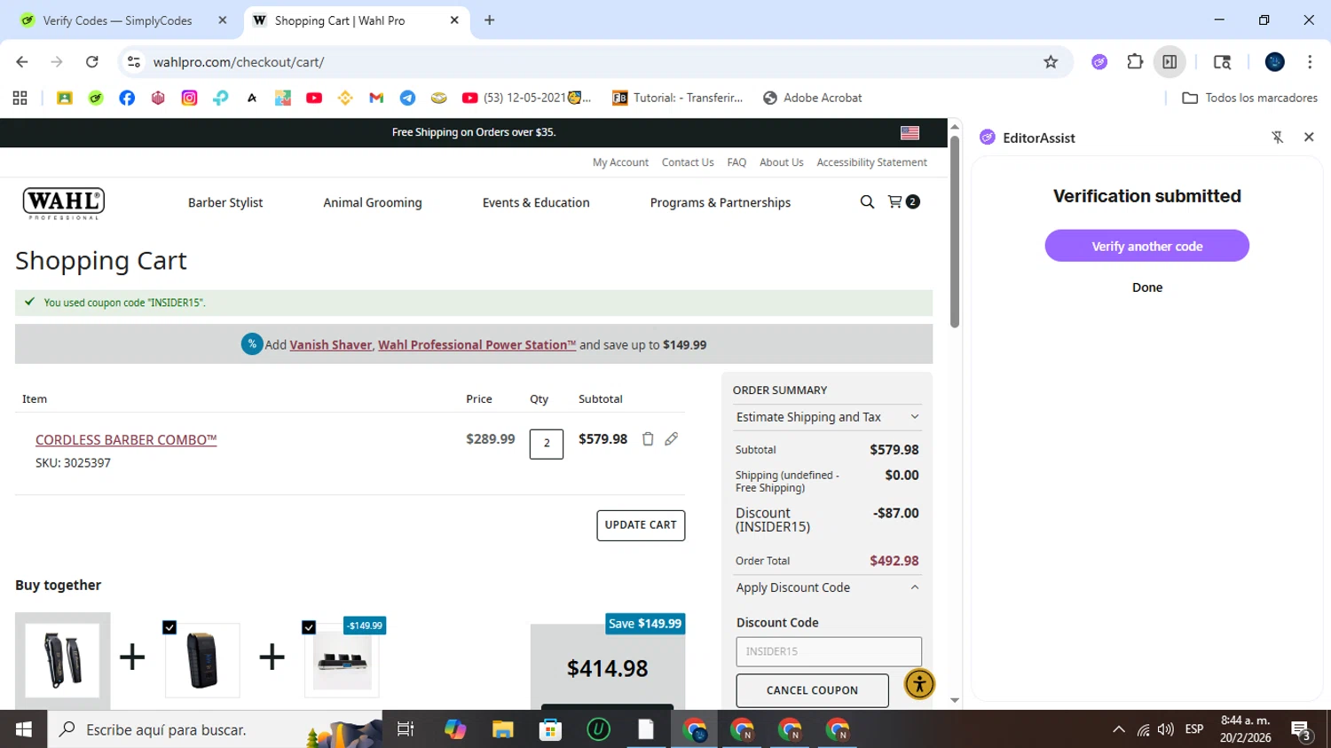 Wahl Professional checkout page showing Wahl Professional promo code box | Screenshot taken by SimplyCodes community member on Feb 20, 2026