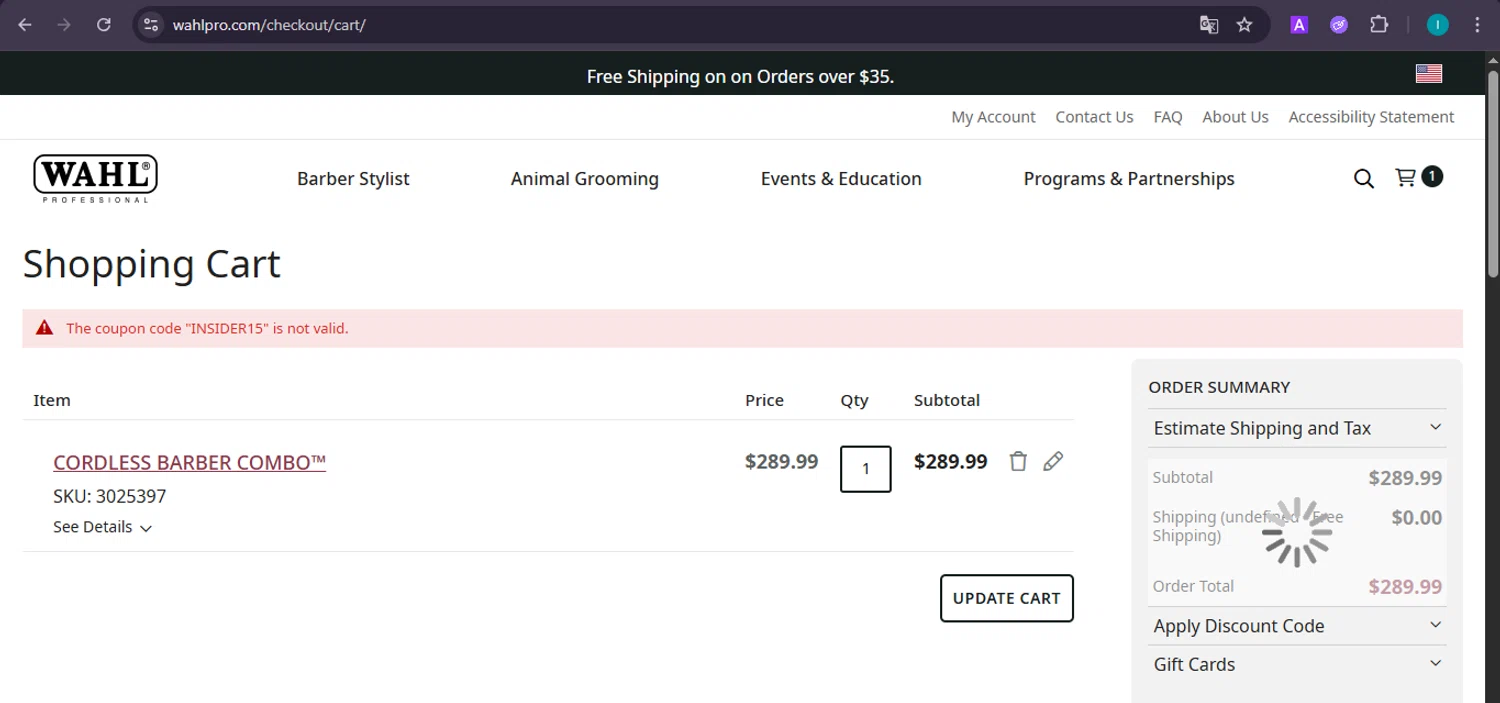 Wahl Professional promo code screenshot showing code INSIDER15 applied at Wahl Professional checkout page. Uploaded by SimplyCodes community member NobleDefender3673 on Jul 21, 2025