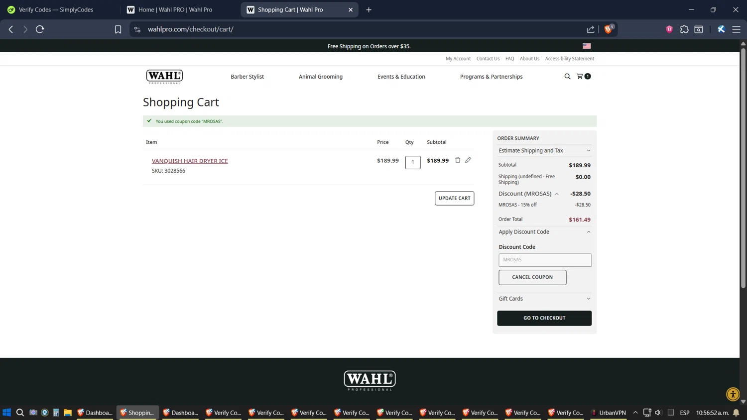 Wahl Professional promo code screenshot showing code MROSAS applied at Wahl Professional checkout page. Uploaded by SimplyCodes community member verifier_983798000 on Oct 24, 2025