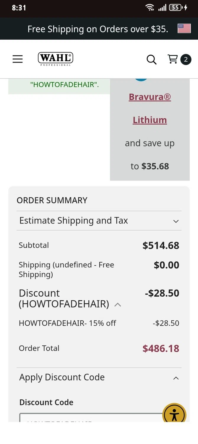 Wahl Professional promo code screenshot showing code HOWTOFADEHAIR applied at Wahl Professional checkout page. Uploaded by SimplyCodes community member vicenteciacera on Nov 25, 2025