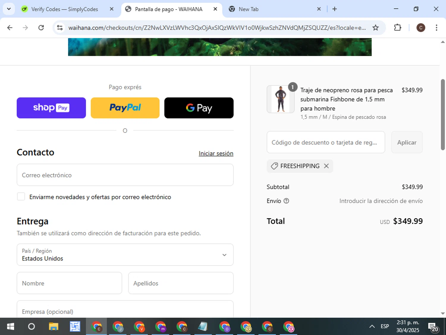 Waihana coupon code screenshot showing code FREESHIPPING applied at Waihana checkout page. Uploaded by SimplyCodes community member TreasureFox8596 on Apr 30, 2025