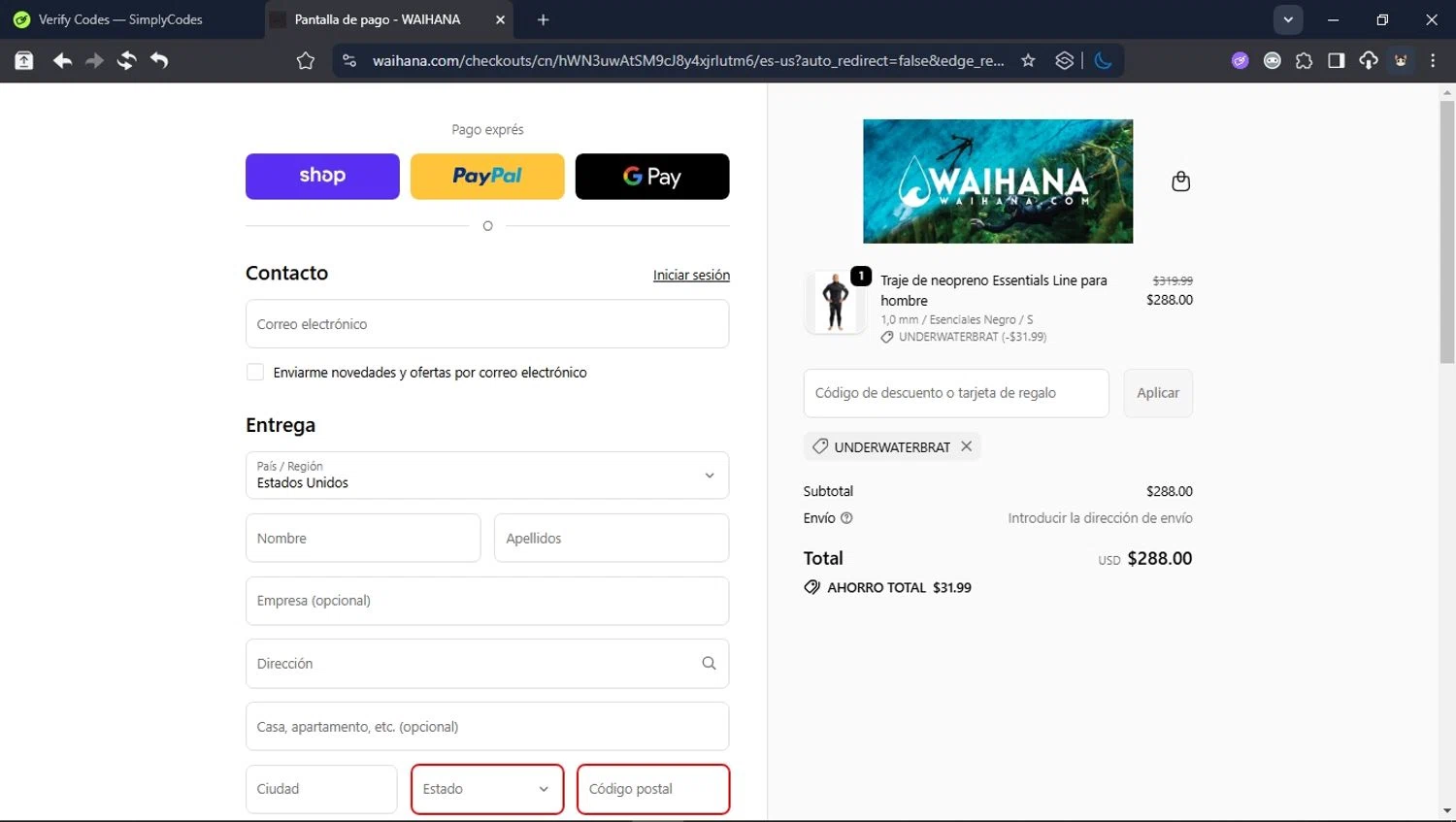 Waihana coupon code screenshot showing code UNDERWATERBRAT applied at Waihana checkout page. Uploaded by SimplyCodes community member User_Randon1 on Oct 9, 2025