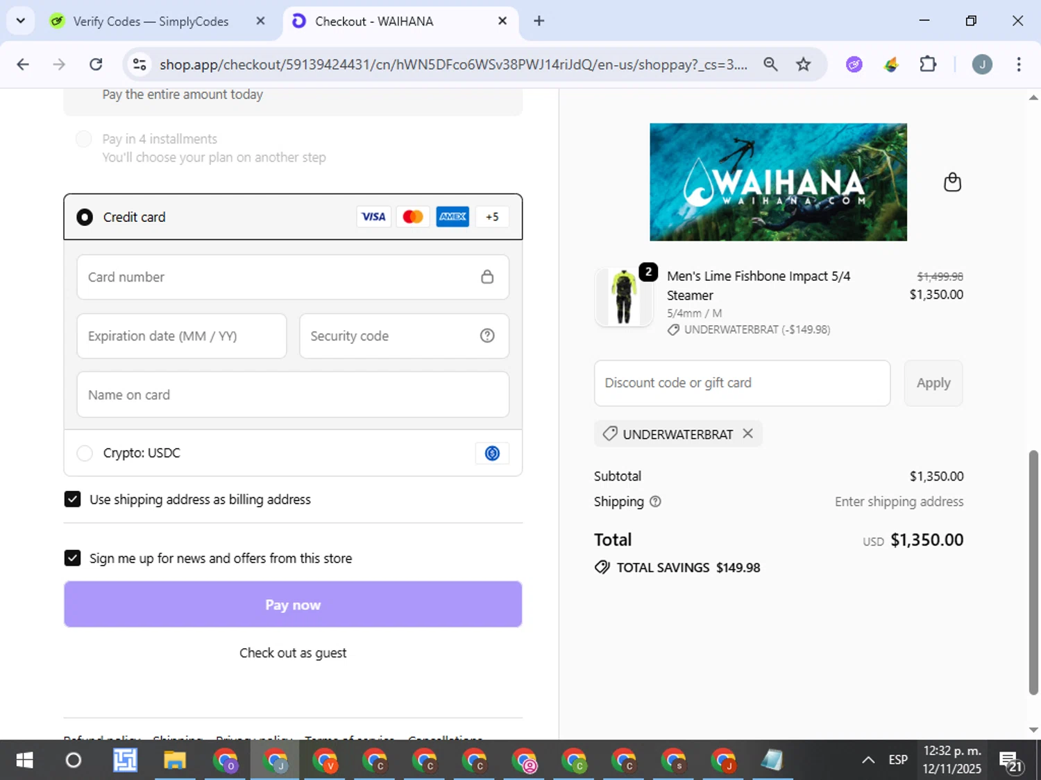 Waihana coupon code screenshot showing code UNDERWATERBRAT applied at Waihana checkout page. Uploaded by SimplyCodes community member ValueTracker8384 on Nov 12, 2025