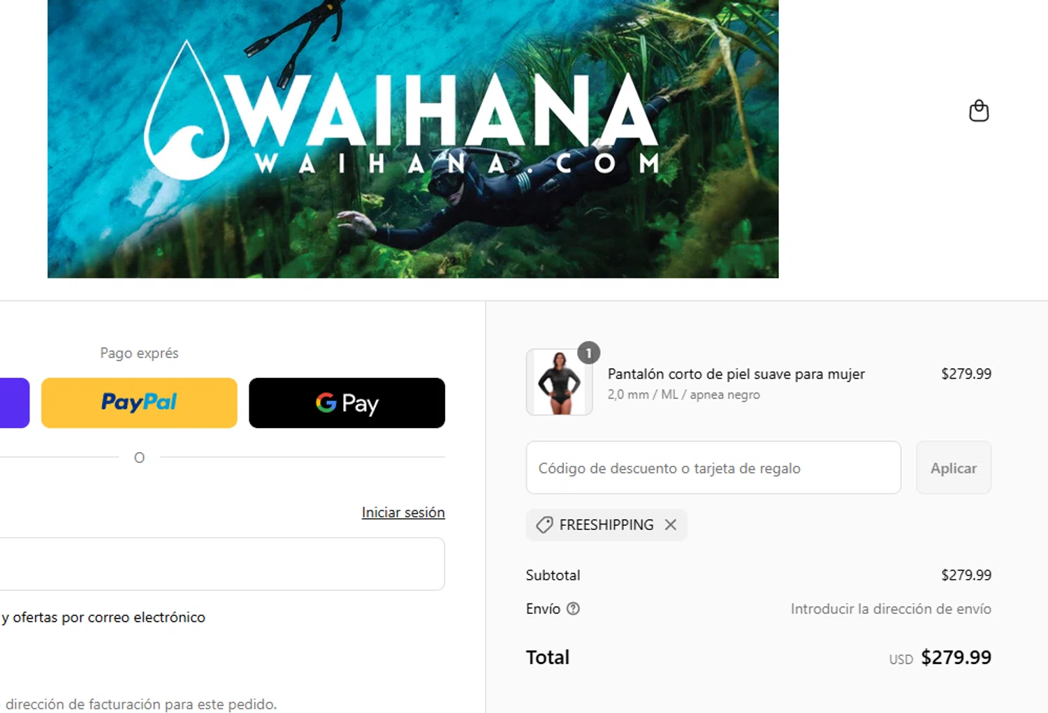 Waihana coupon code screenshot showing code FREESHIPPING applied at Waihana checkout page. Uploaded by SimplyCodes community member aumentadax10 on Apr 30, 2025