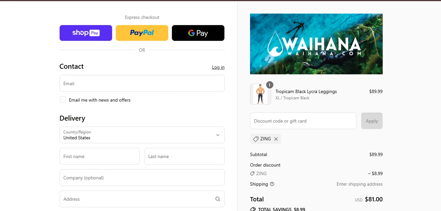 Waihana coupon code screenshot showing code ZING applied at Waihana checkout page. Uploaded by SimplyCodes community member juanisaac on Aug 17, 2025