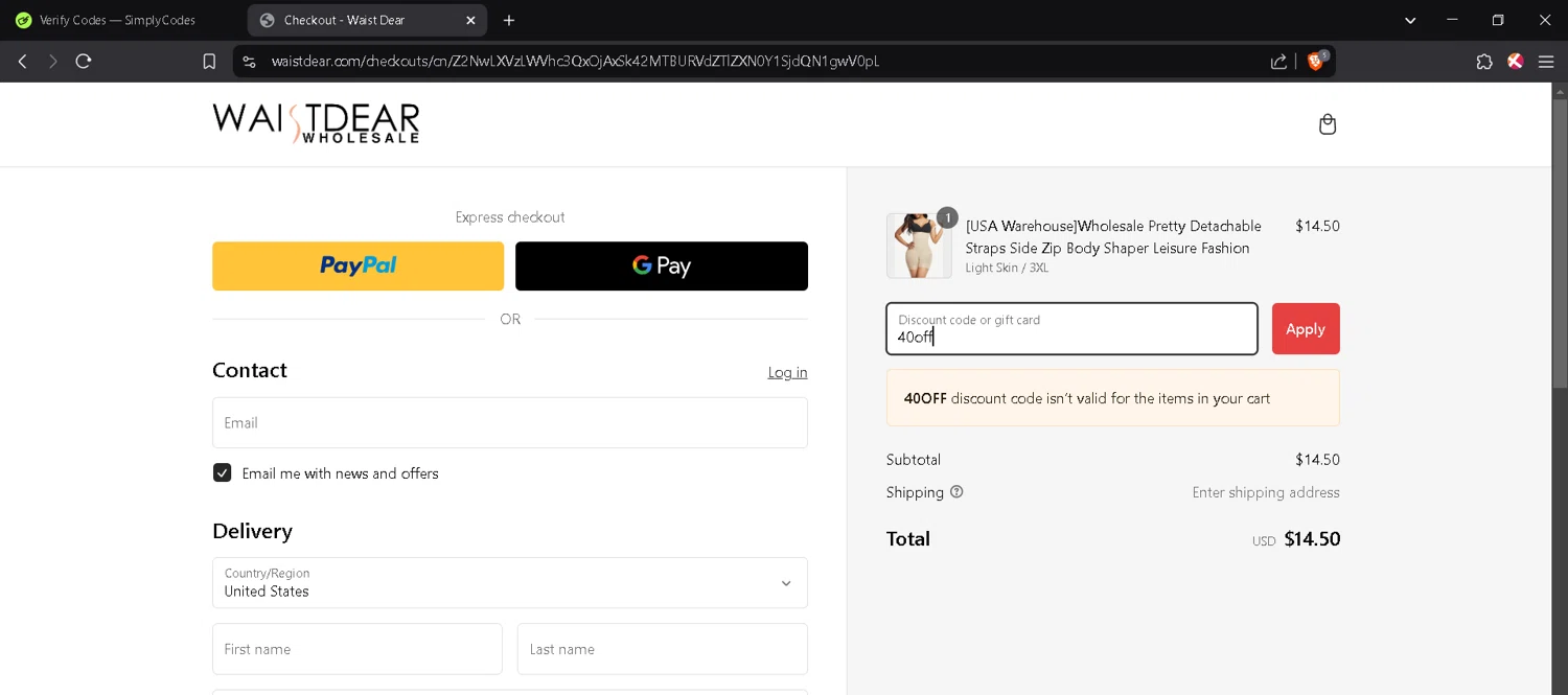 Waist Dear discount code screenshot showing code 40off applied at Waist Dear checkout page. Uploaded by SimplyCodes community member JosephStevens774 on Feb 28, 2025