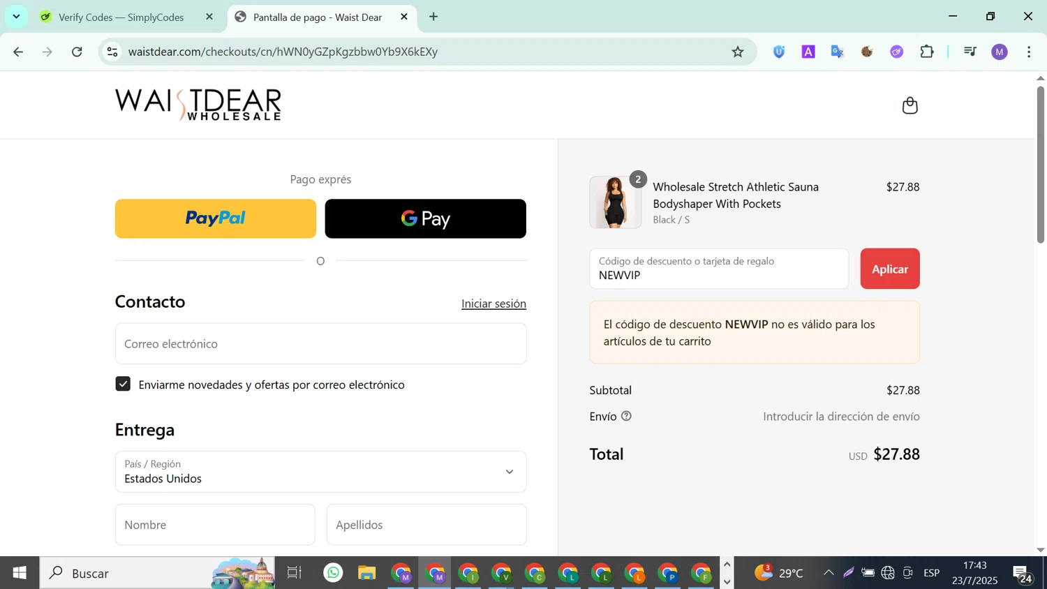 Waist Dear discount code screenshot showing code NEWVIP applied at Waist Dear checkout page. Uploaded by SimplyCodes community member ValueLion1621 on Jul 23, 2025