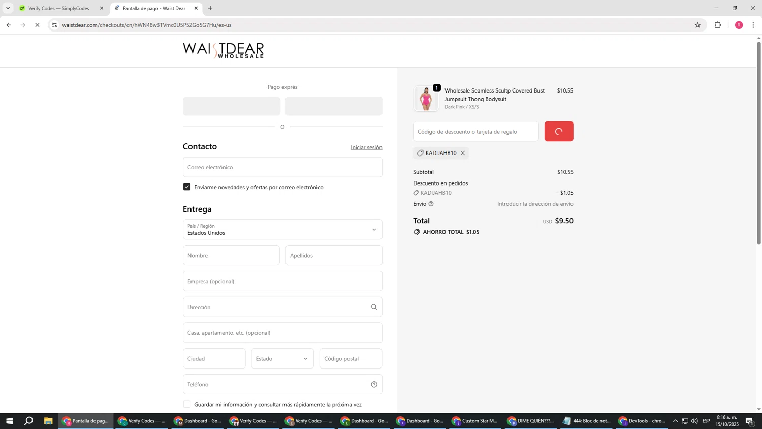 Waist Dear discount code screenshot showing code KADIJAHB10 applied at Waist Dear checkout page. Uploaded by SimplyCodes community member TTTT55 on Oct 15, 2025