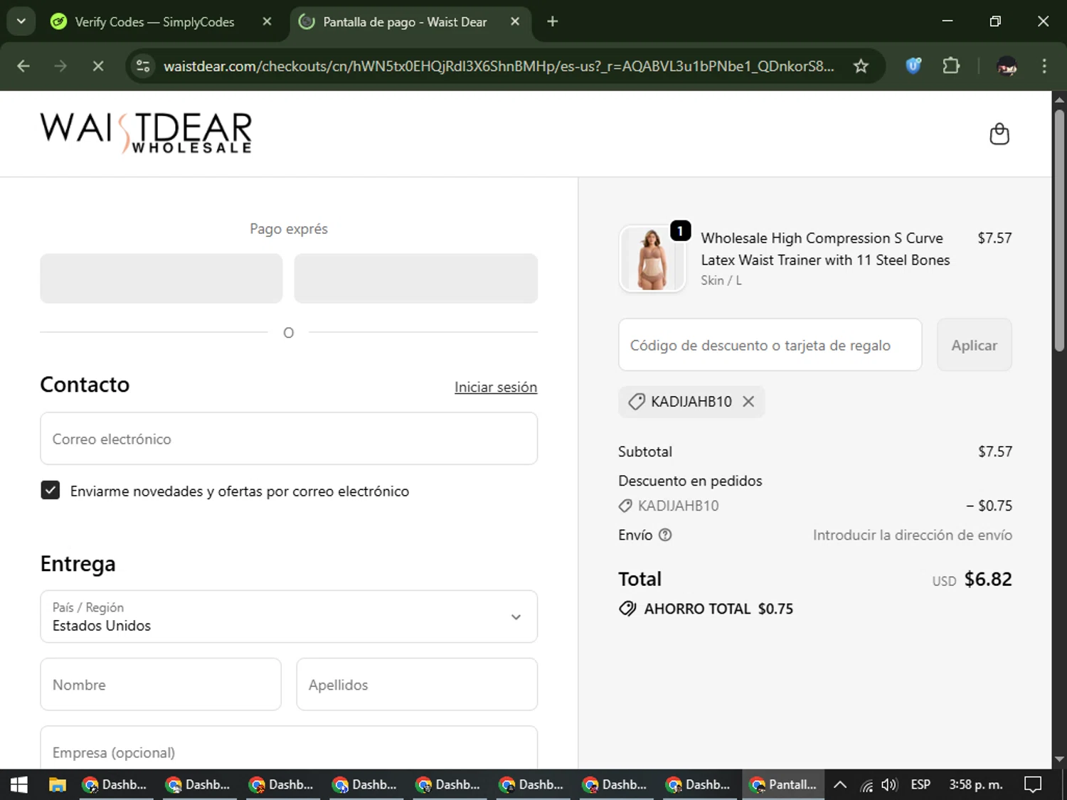 Waist Dear discount code screenshot showing code KADIJAHB10 applied at Waist Dear checkout page. Uploaded by SimplyCodes community member WonderCurator791 on Nov 30, 2025