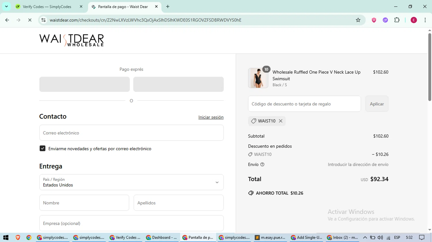 Waist Dear discount code screenshot showing code WAIST10 applied at Waist Dear checkout page. Uploaded by SimplyCodes community member BrilliantWhiz4434 on Jun 10, 2025