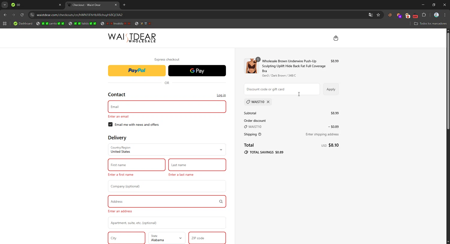 Waist Dear discount code screenshot showing code WAIST10 applied at Waist Dear checkout page. Uploaded by SimplyCodes community member Mriko_Kien_lo_lea on Aug 13, 2025