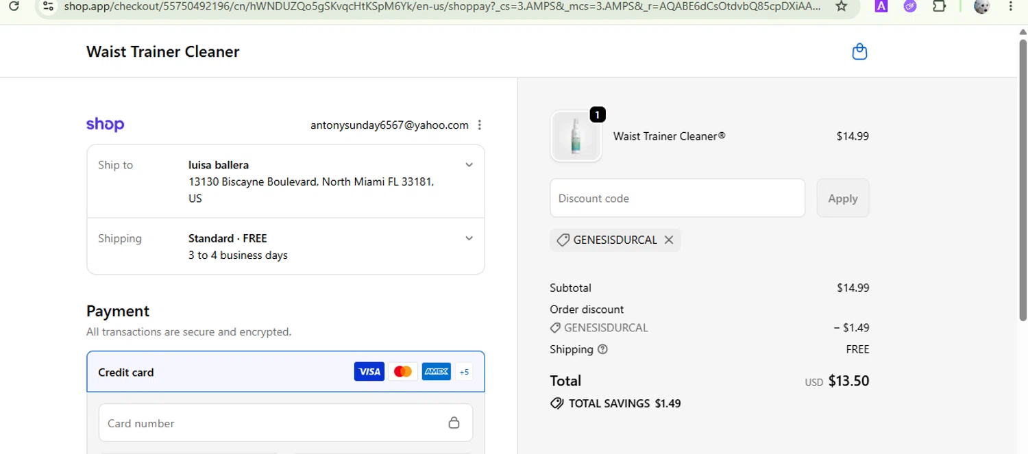 Waist Trainer Cleaner promo code screenshot showing code GENESISDURCAL applied at Waist Trainer Cleaner checkout page. Uploaded by SimplyCodes community member FrugalVirtuoso6318 on Jun 18, 2026