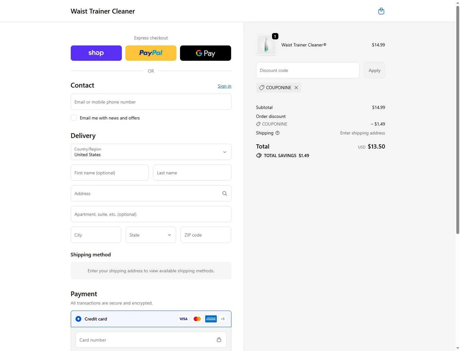 Waist Trainer Cleaner promo code screenshot showing code COUPONINE applied at Waist Trainer Cleaner checkout page. Uploaded by SimplyCodes community member Andaspendientedeunovale on Jun 1, 2026