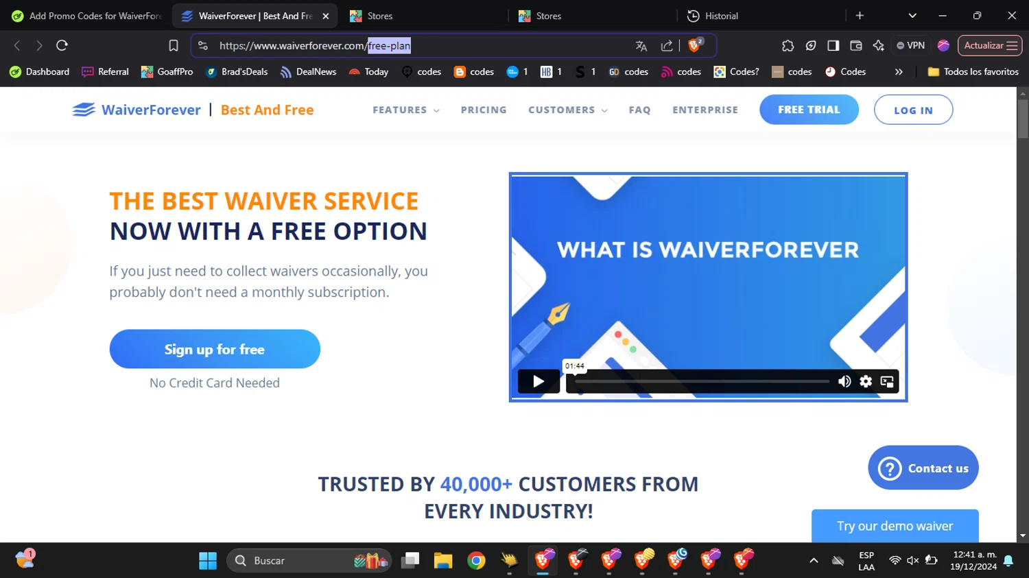 WaiverForever promo code screenshot showing code free-plan applied at WaiverForever checkout page. Uploaded by SimplyCodes community member BabaYaga on Dec 19, 2024