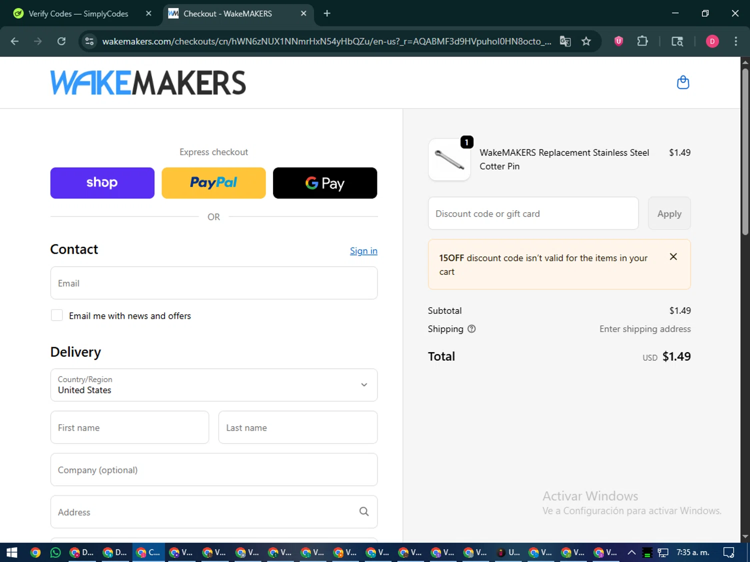 Wakemakers discount code screenshot showing code 15OFF applied at Wakemakers checkout page. Uploaded by SimplyCodes community member MoneySeeker7165 on Dec 29, 2025