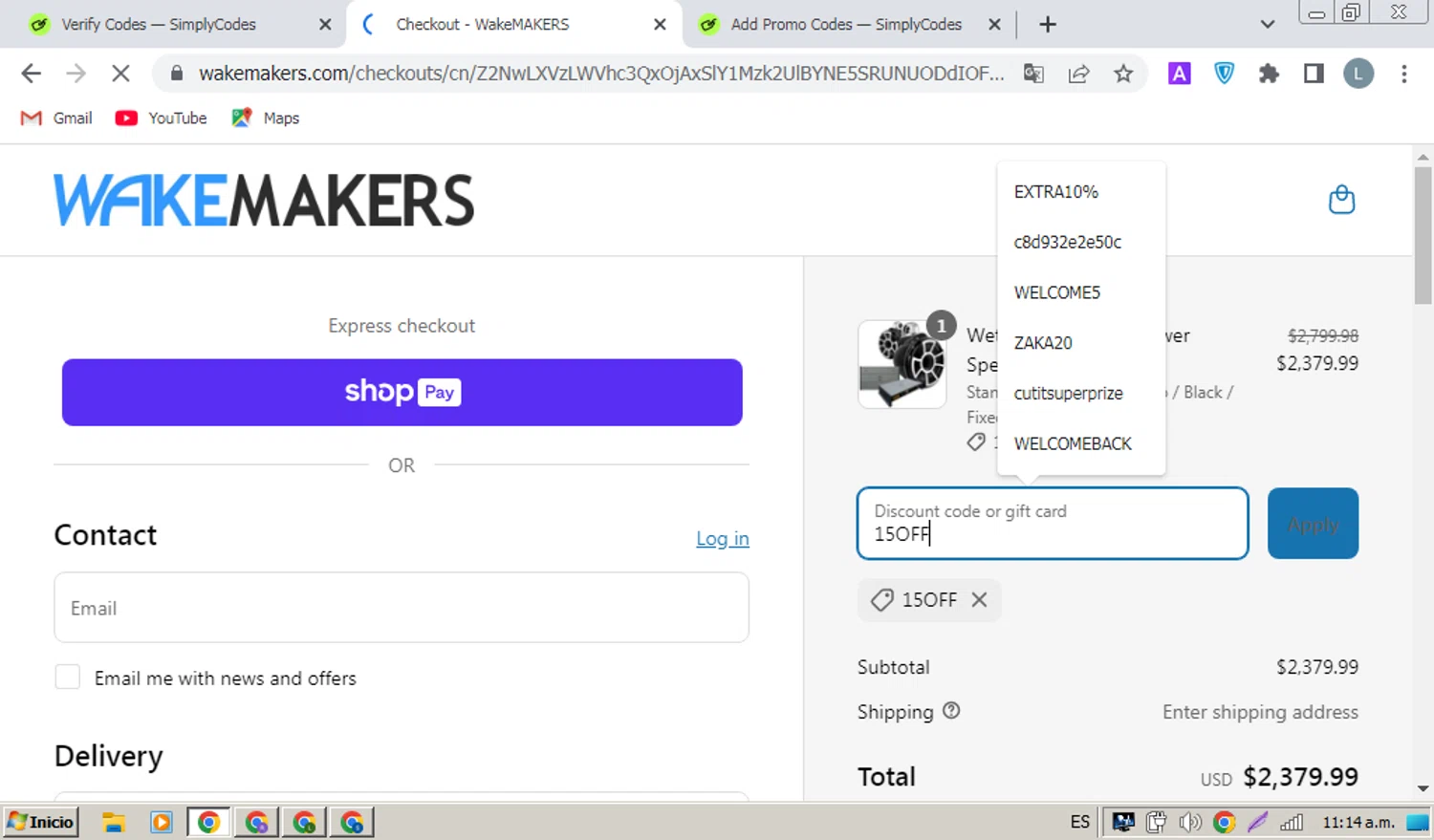 Wakemakers discount code screenshot showing code 15OFF applied at Wakemakers checkout page. Uploaded by SimplyCodes community member coder_luis on May 13, 2025