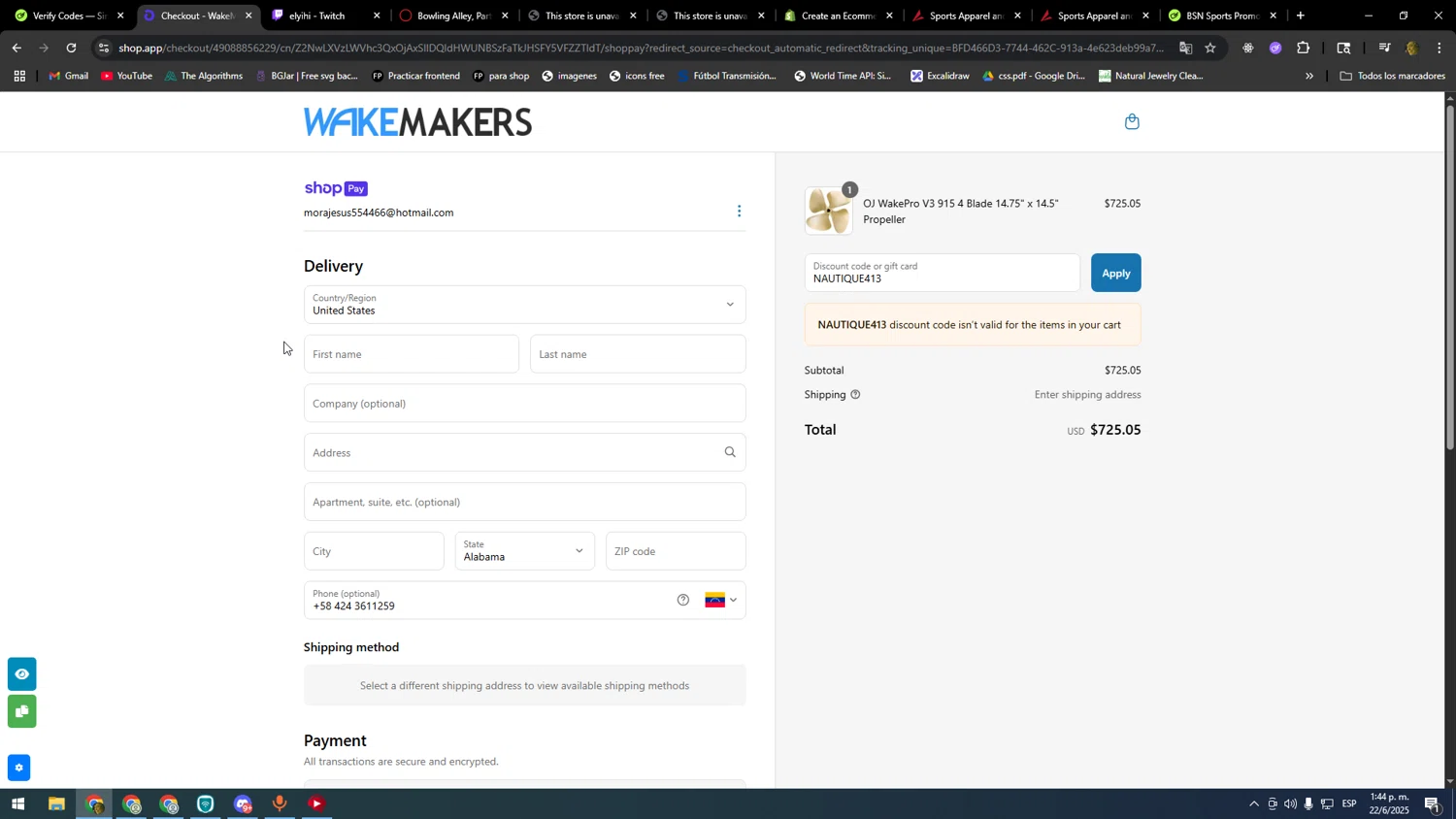 Wakemakers discount code screenshot showing code NAUTIQUE413 applied at Wakemakers checkout page. Uploaded by SimplyCodes community member DonPollito on Jun 22, 2025