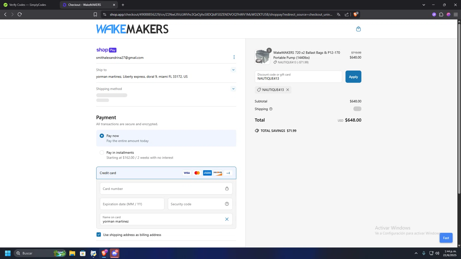 Wakemakers discount code screenshot showing code NAUTIQUE413 applied at Wakemakers checkout page. Uploaded by SimplyCodes community member MRYORMAN on Jun 22, 2025