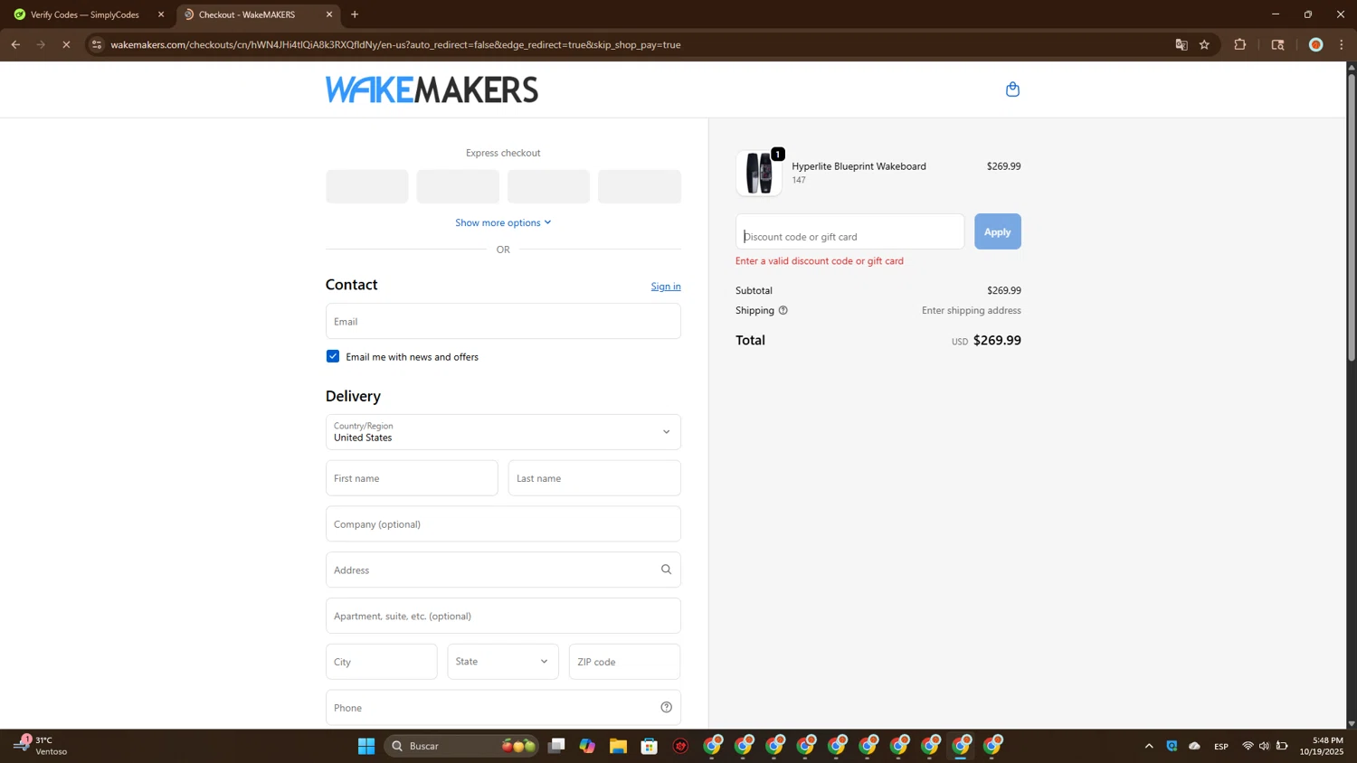 Wakemakers discount code screenshot showing code FALL10 applied at Wakemakers checkout page. Uploaded by SimplyCodes community member CleverCurator1217 on Oct 19, 2025
