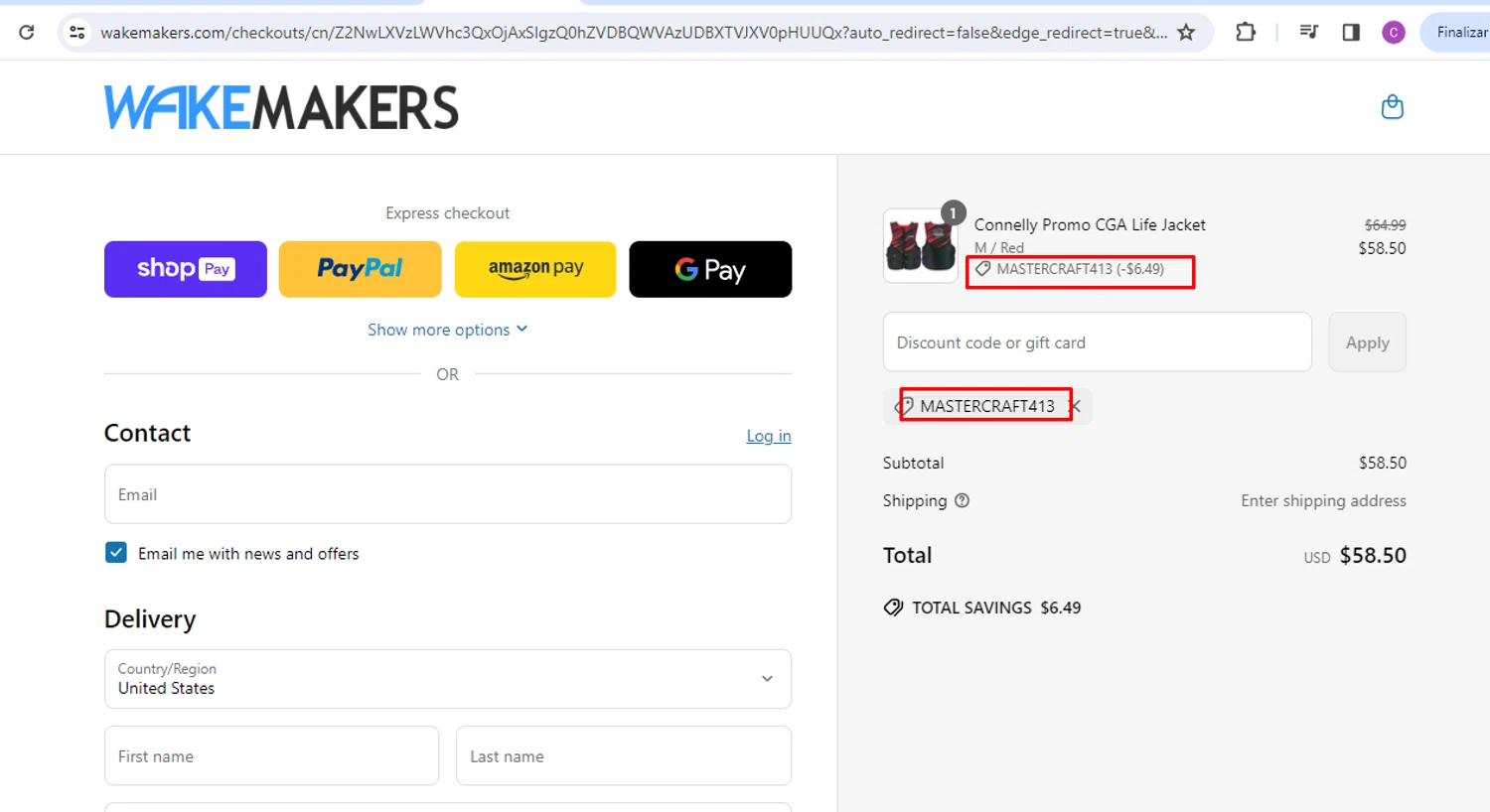 Wakemakers discount code screenshot showing code MASTERCRAFT413 applied at Wakemakers checkout page. Uploaded by SimplyCodes community member nileskamarcano on Jun 6, 2025
