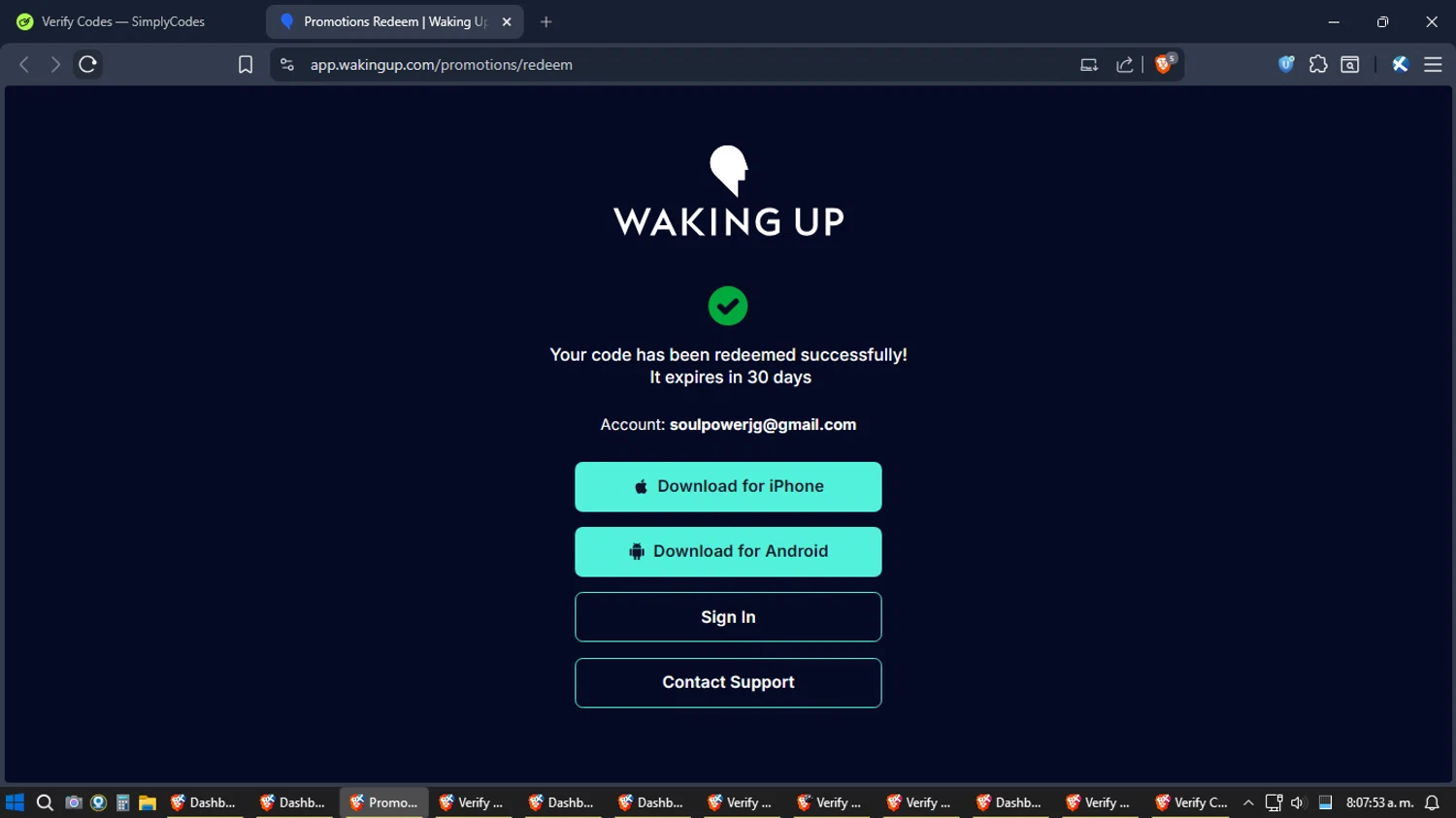 Waking Up promo code screenshot showing code BRITTON applied at Waking Up checkout page. Uploaded by SimplyCodes community member Jgomez on Dec 24, 2025
