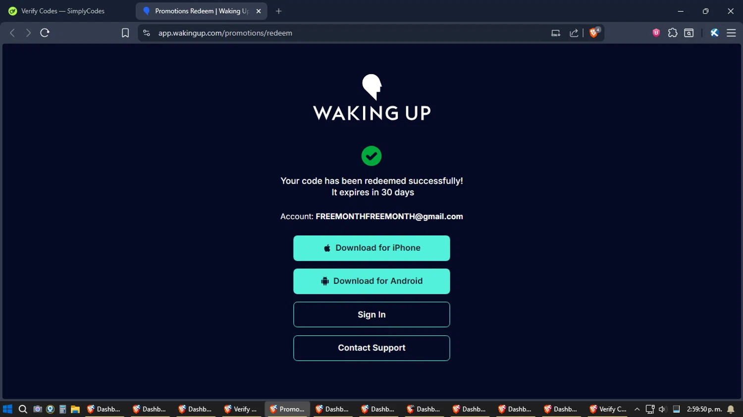 Waking Up promo code screenshot showing code FREEMONTH applied at Waking Up checkout page. Uploaded by SimplyCodes community member SoulPower on Dec 24, 2025