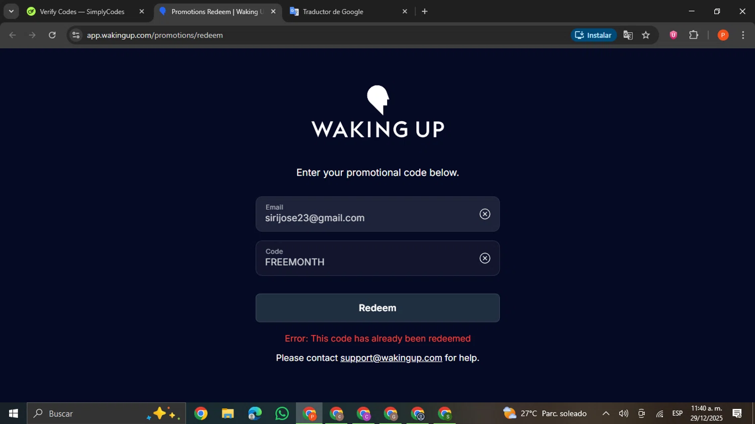 Waking Up promo code screenshot showing code FREEMONTH applied at Waking Up checkout page. Uploaded by SimplyCodes community member VictoriousCaptain2658 on Dec 29, 2025