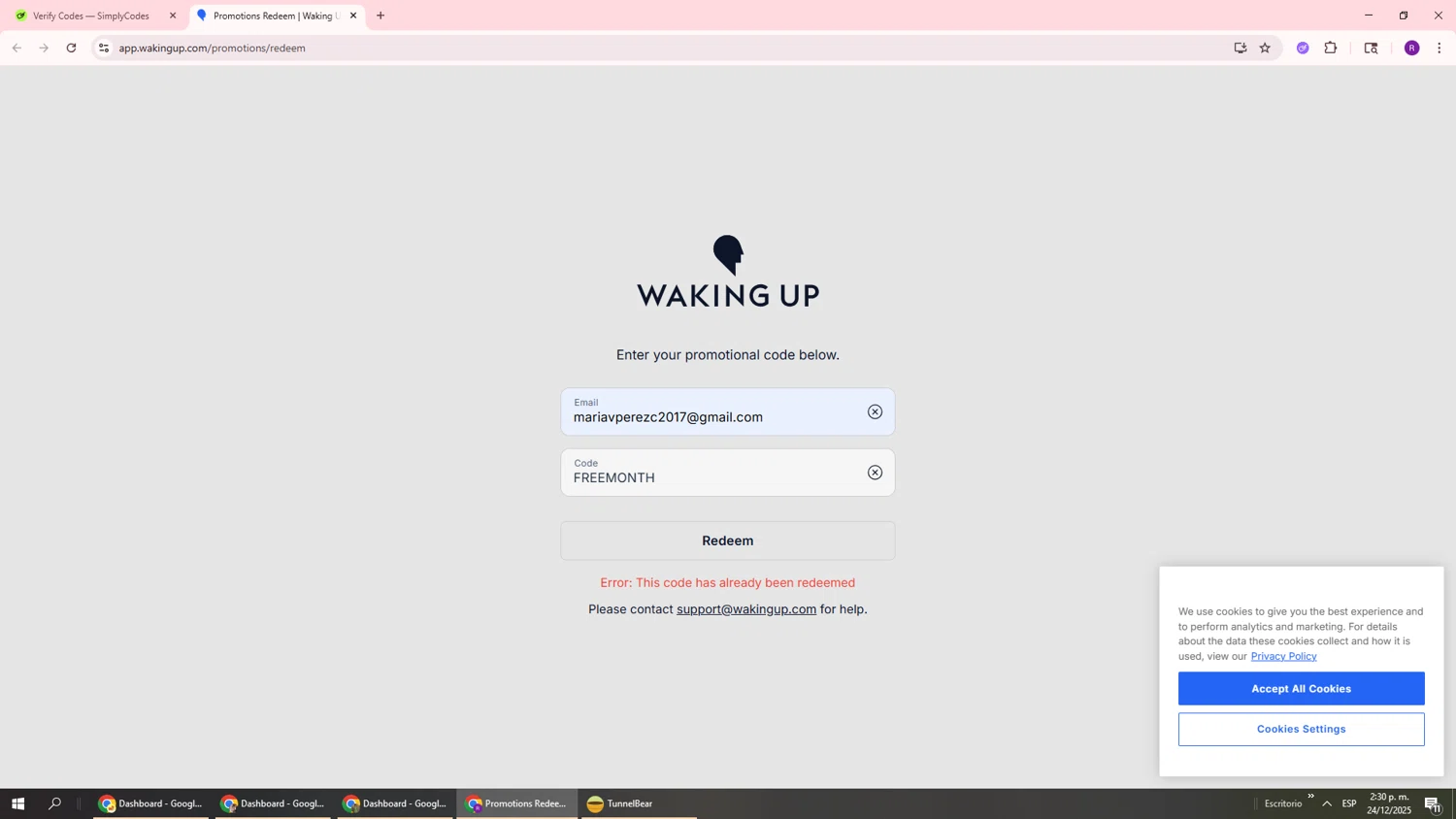 Waking Up promo code screenshot showing code FREEMONTH applied at Waking Up checkout page. Uploaded by SimplyCodes community member ukemochi on Dec 24, 2025