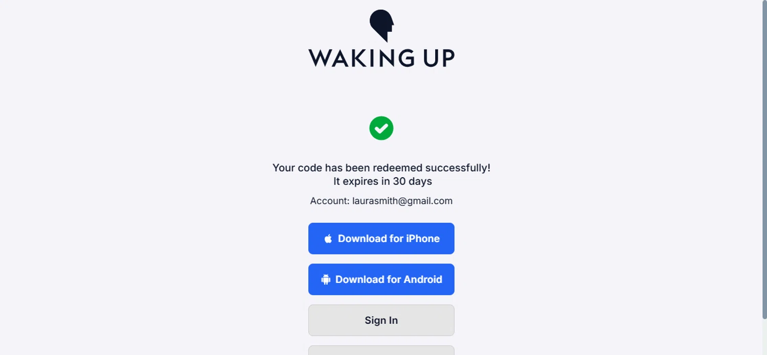 Waking Up promo code screenshot showing code MODERNWISDOM applied at Waking Up checkout page. Uploaded by SimplyCodes community member Nubelinda on Jun 20, 2025