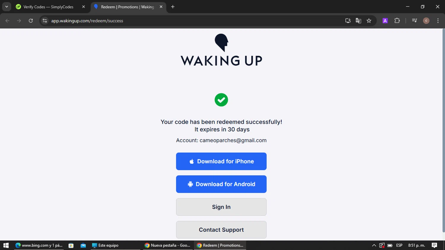 Waking Up promo code screenshot showing code MODERNWISDOM applied at Waking Up checkout page. Uploaded by SimplyCodes community member VoucherRanger901 on Jun 20, 2025