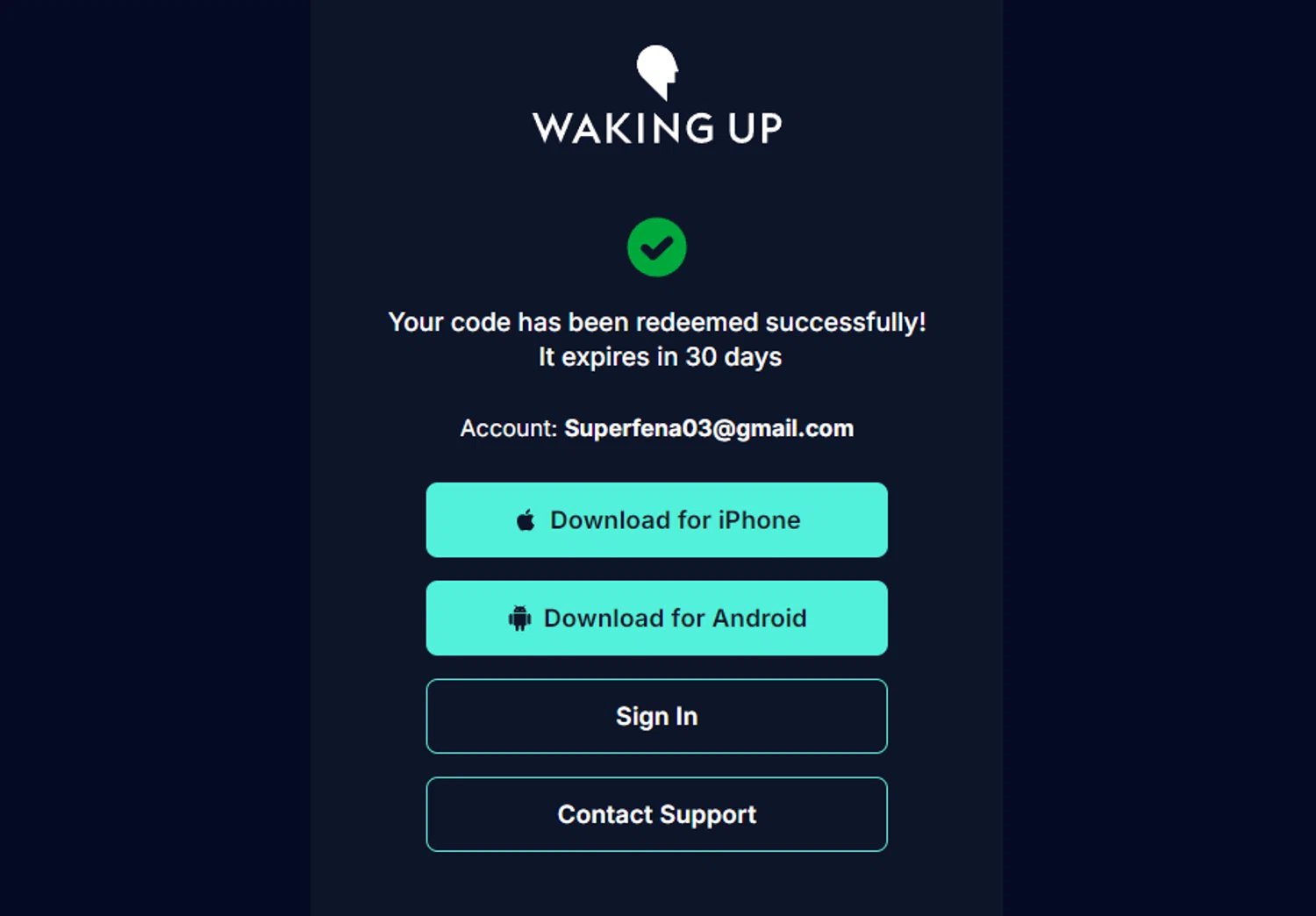 Waking Up promo code screenshot showing code OPENMIND applied at Waking Up checkout page. Uploaded by SimplyCodes community member BonusCollector7885 on Dec 12, 2025