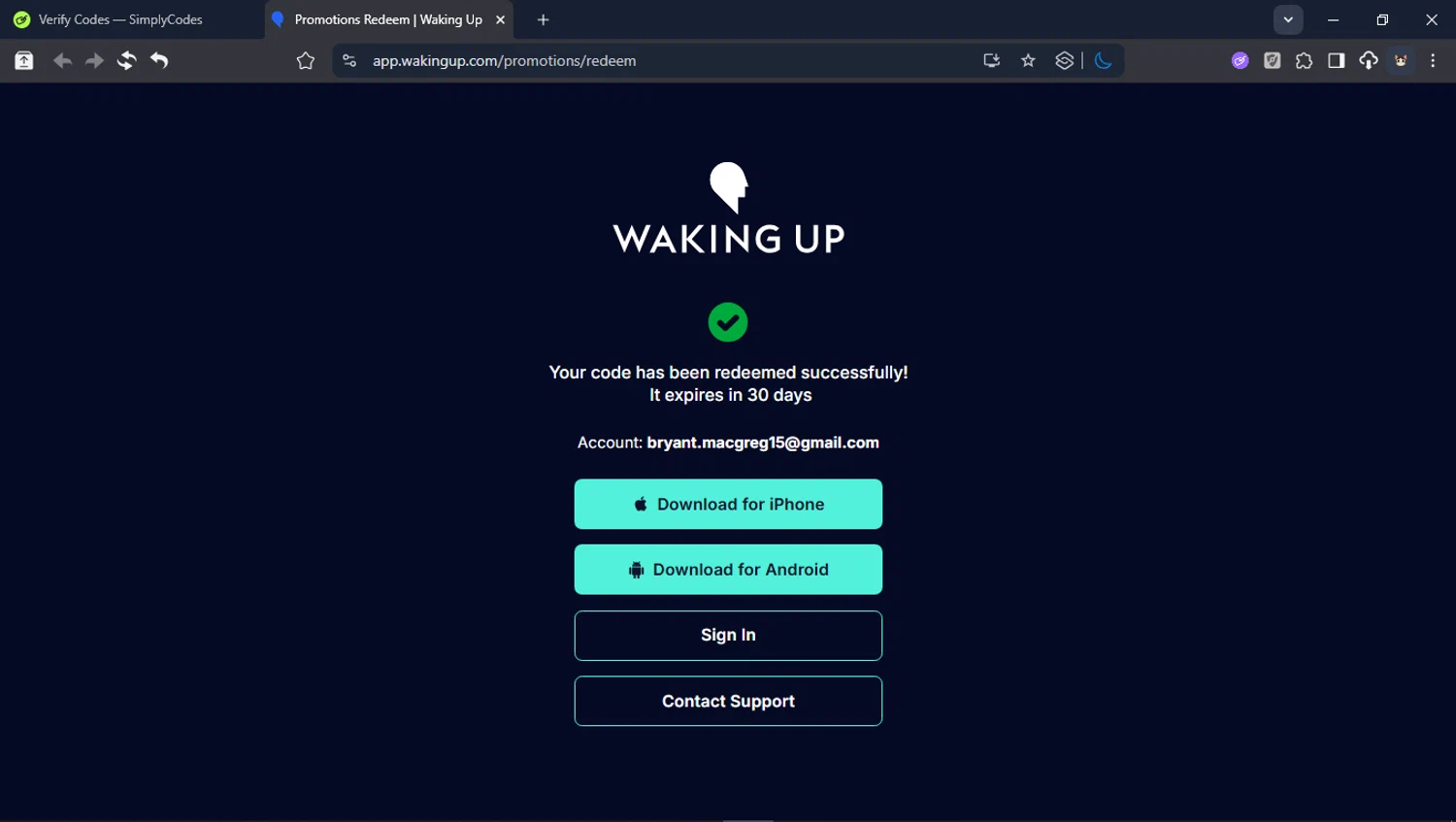 Waking Up promo code screenshot showing code OPENMIND applied at Waking Up checkout page. Uploaded by SimplyCodes community member BrilliantTitan6909 on Dec 29, 2025