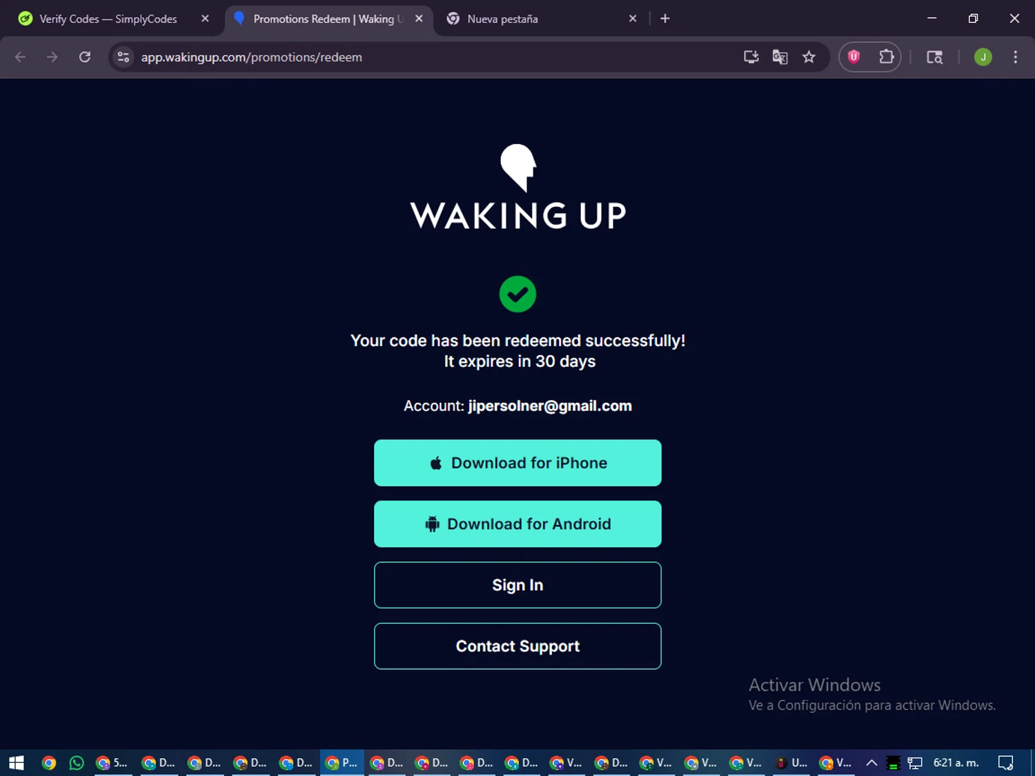 Waking Up promo code screenshot showing code OPENMIND applied at Waking Up checkout page. Uploaded by SimplyCodes community member LilBaby on Dec 18, 2025