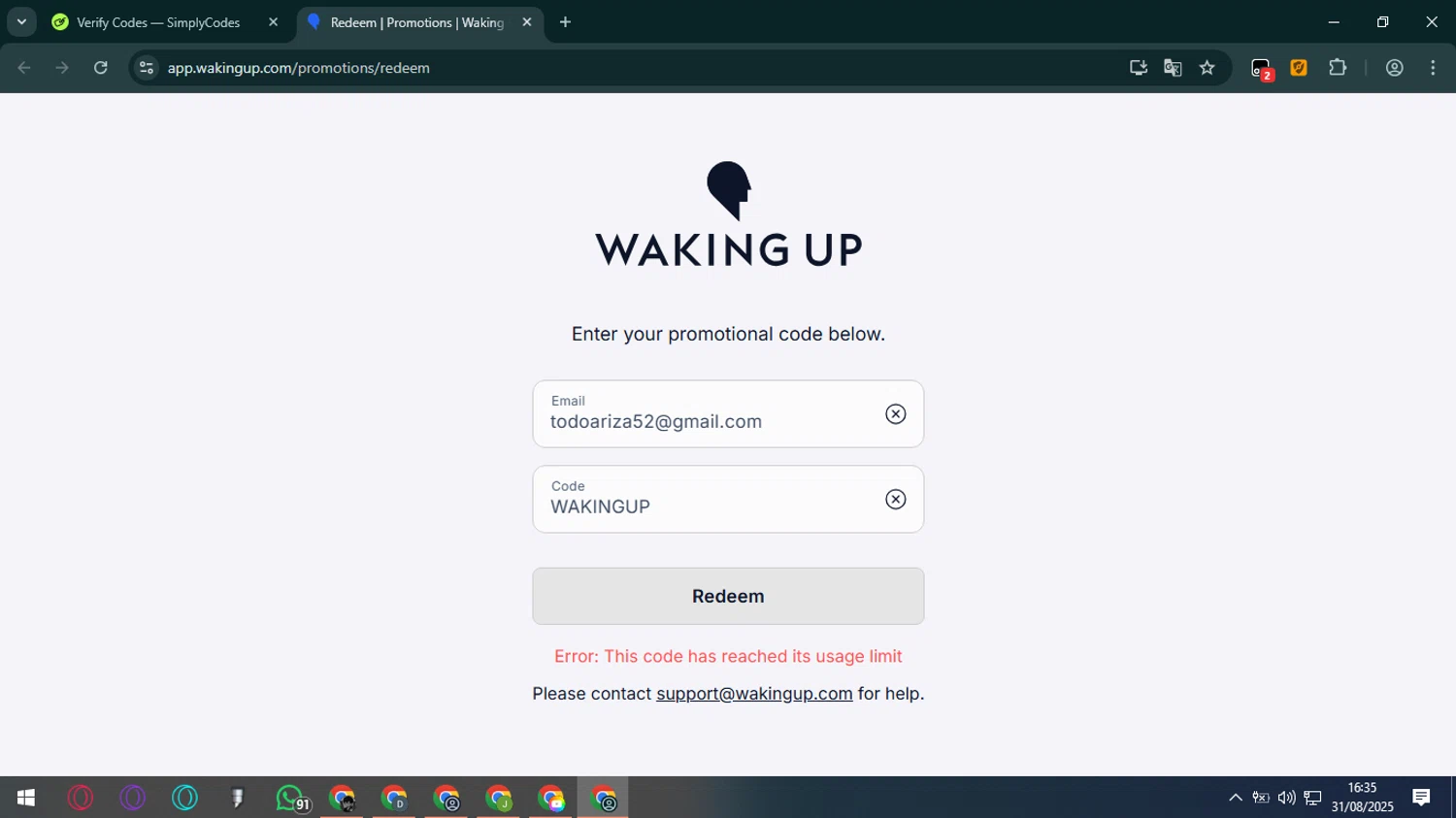 Waking Up promo code screenshot showing code WAKINGUP applied at Waking Up checkout page. Uploaded by SimplyCodes community member SilverAdmiral2559 on Aug 31, 2025
