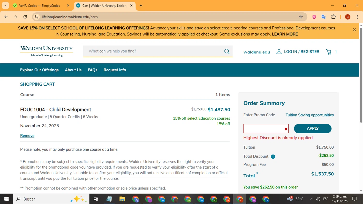 Walden University promo code screenshot showing code IBLCE_25% applied at Walden University checkout page. Uploaded by SimplyCodes community member Playstatiton2 on Nov 12, 2025