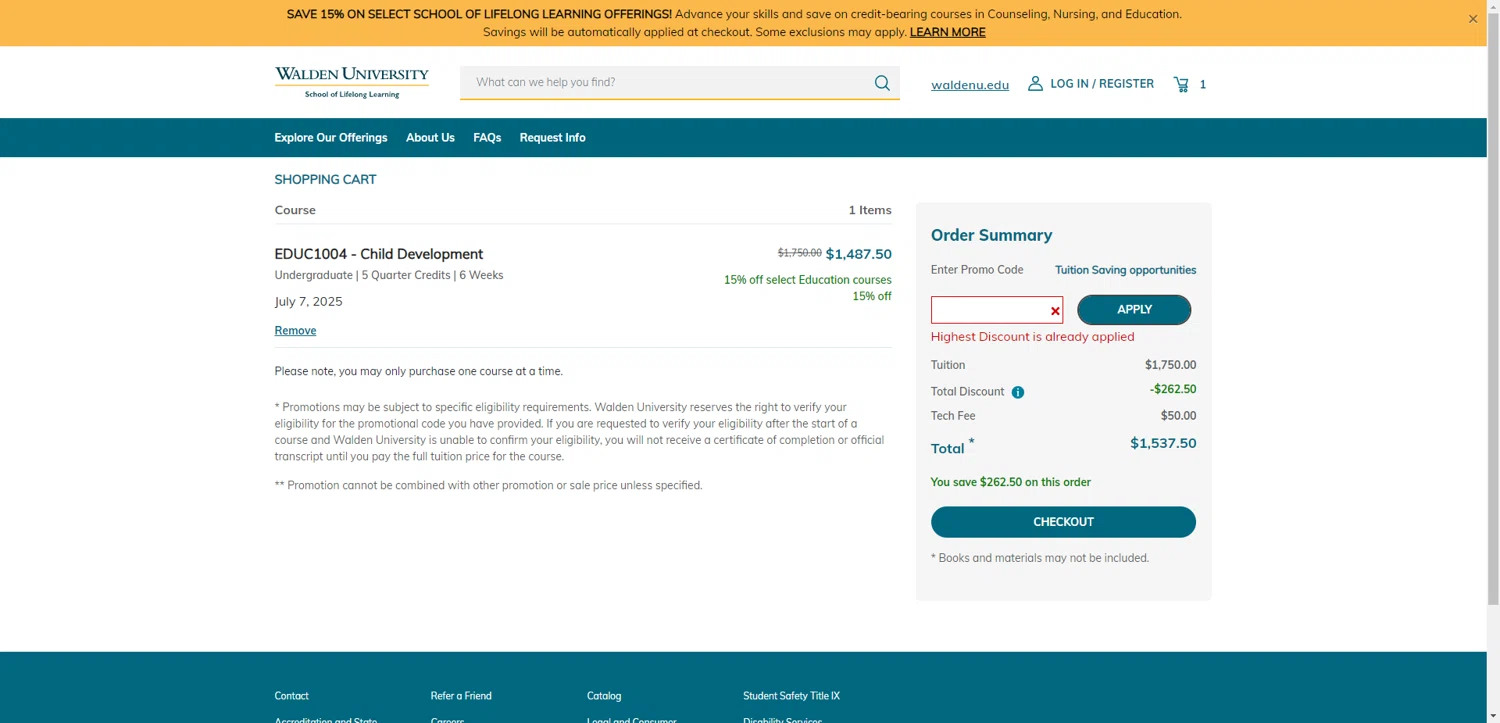 Walden University checkout page showing Walden University promo code box | Screenshot taken by SimplyCodes community member on May 30, 2025