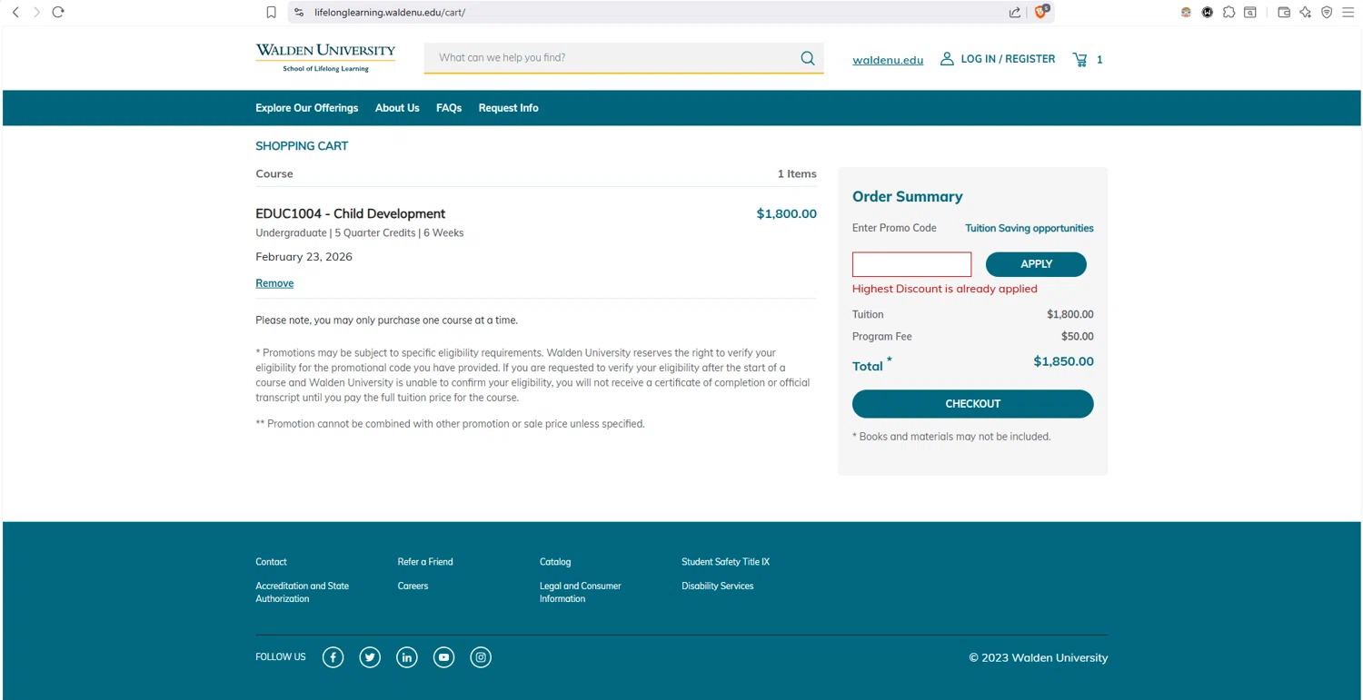 Walden University checkout page showing Walden University promo code box | Screenshot taken by SimplyCodes community member on Feb 1, 2026