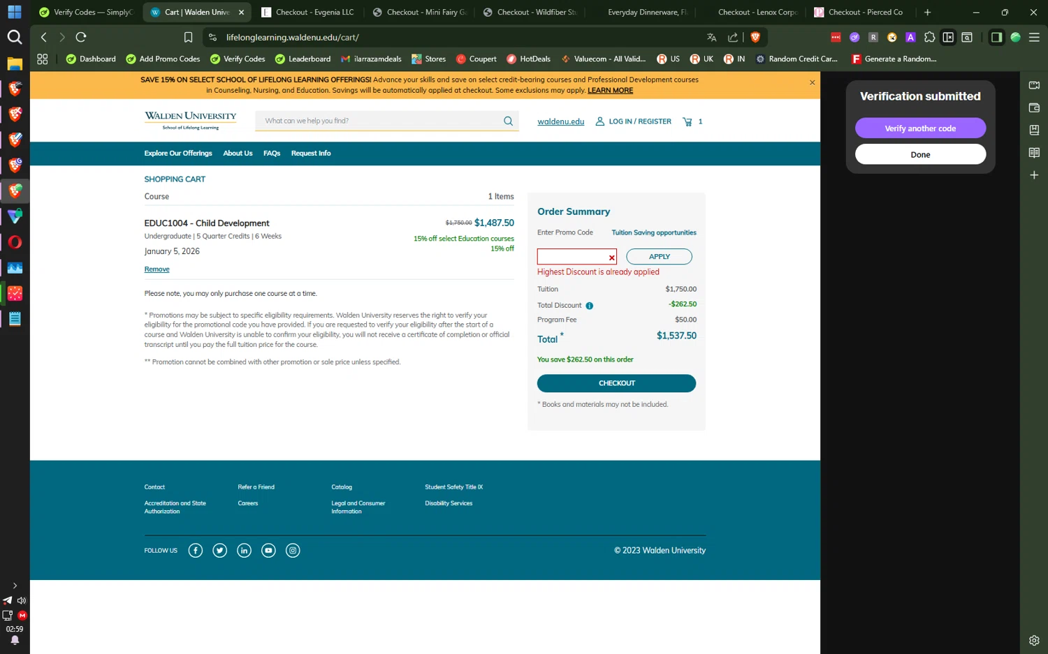 Walden University promo code screenshot showing code IBLCE_25% applied at Walden University checkout page. Uploaded by SimplyCodes community member SilentNova8472 on Dec 3, 2025