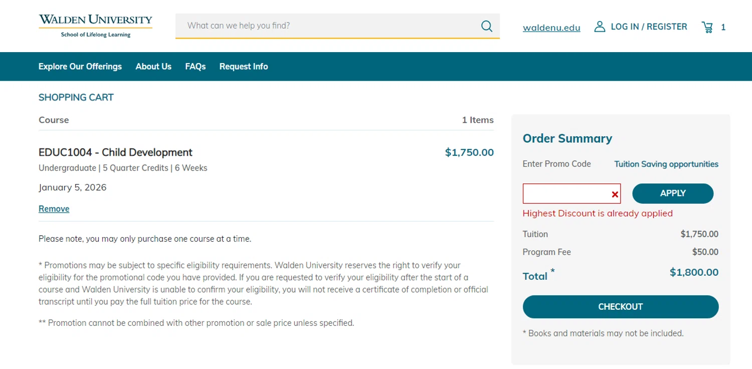 Walden University promo code screenshot showing code IBLCE_25% applied at Walden University checkout page. Uploaded by SimplyCodes community member reinelysmalave on Jan 6, 2026