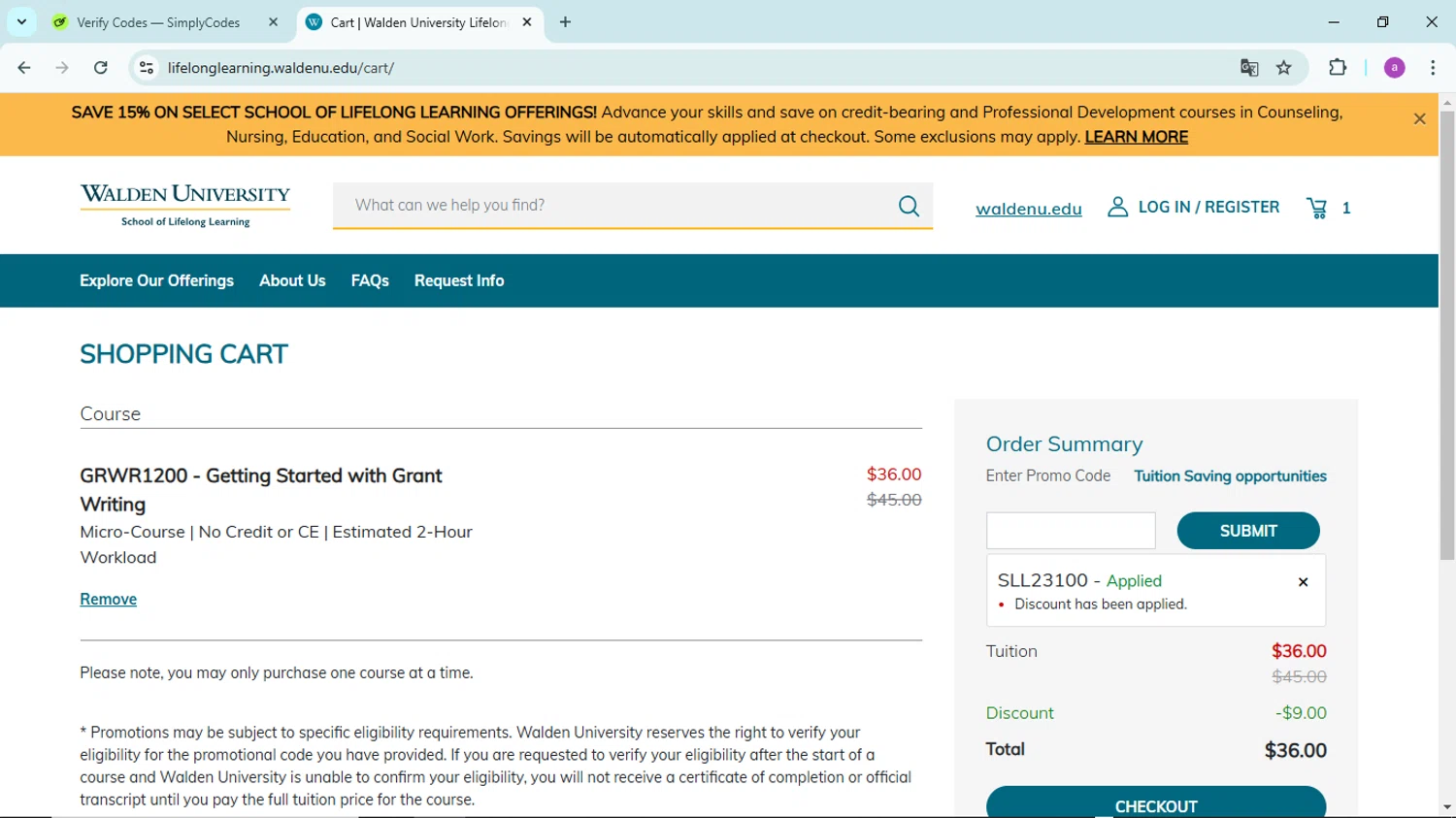 Walden University checkout page showing Walden University promo code box | Screenshot taken by SimplyCodes community member on Dec 3, 2024