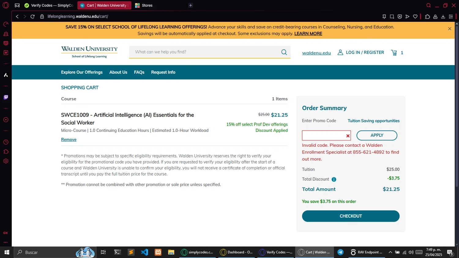 Walden University promo code screenshot showing code SLL23100 applied at Walden University checkout page. Uploaded by SimplyCodes community member andaacagarpobre on Apr 26, 2025