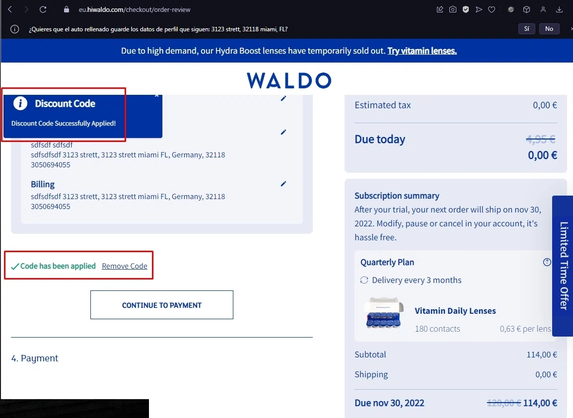 where to use Walmart Contacts promo code box