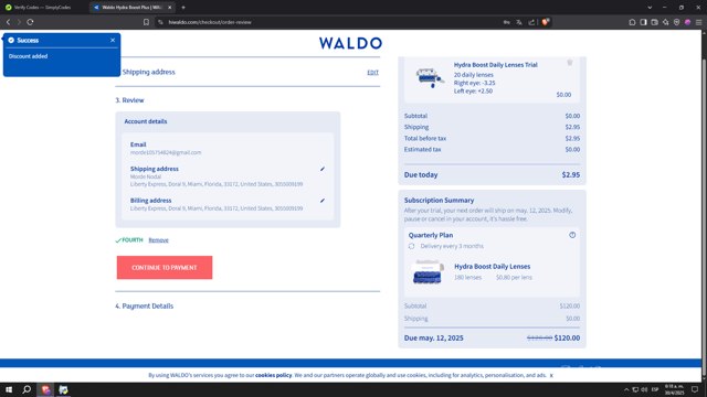 Waldo Daily Contact Lenses checkout page showing Waldo Daily Contact Lenses promo code box | Screenshot taken by SimplyCodes community member on Apr 30, 2025